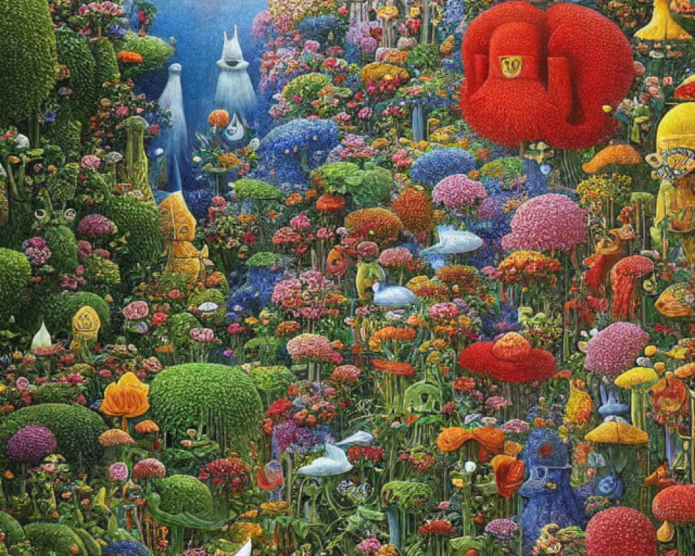 Fantasy garden with diverse flora, mushrooms, creatures, and whimsical architecture