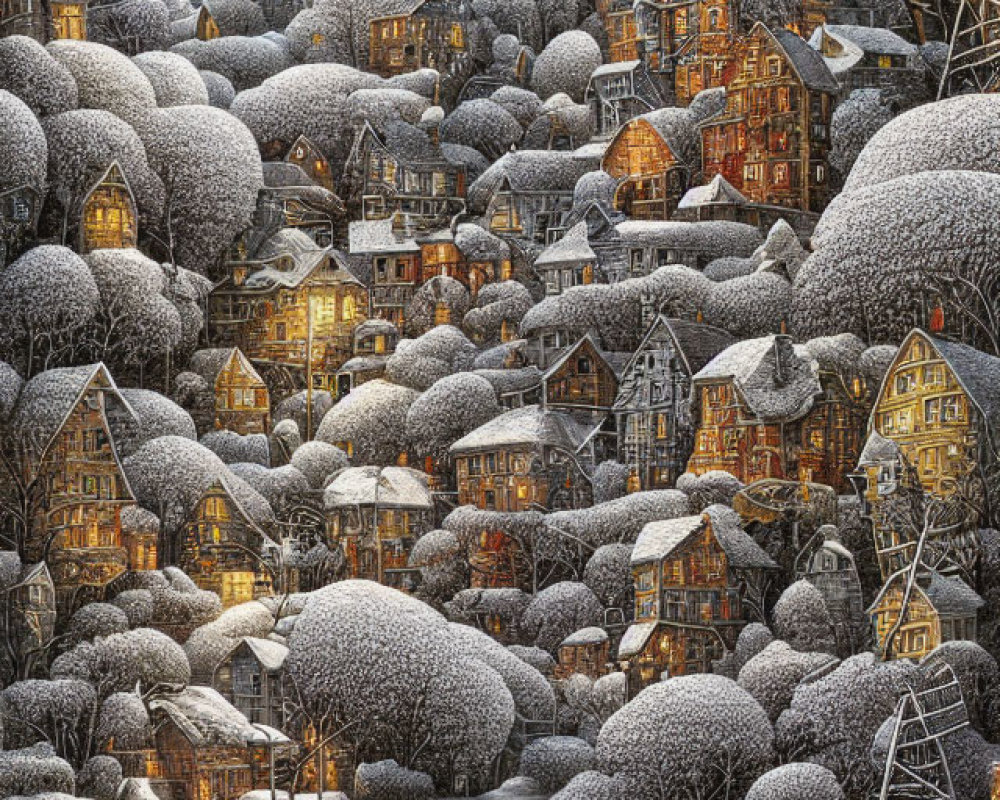 Snow-covered winter village with frozen lake and illuminated houses