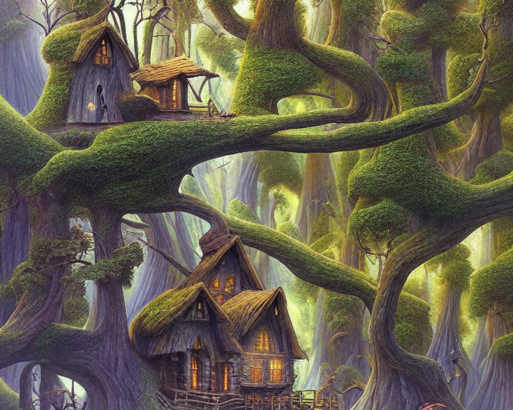 Enchanting forest with whimsical treehouses and twisted trees