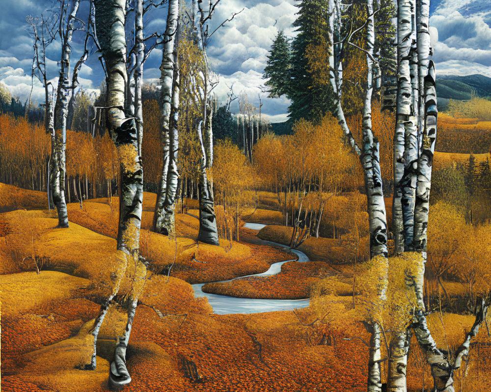 Autumn Birch Forest Painting with Stream and Clouds