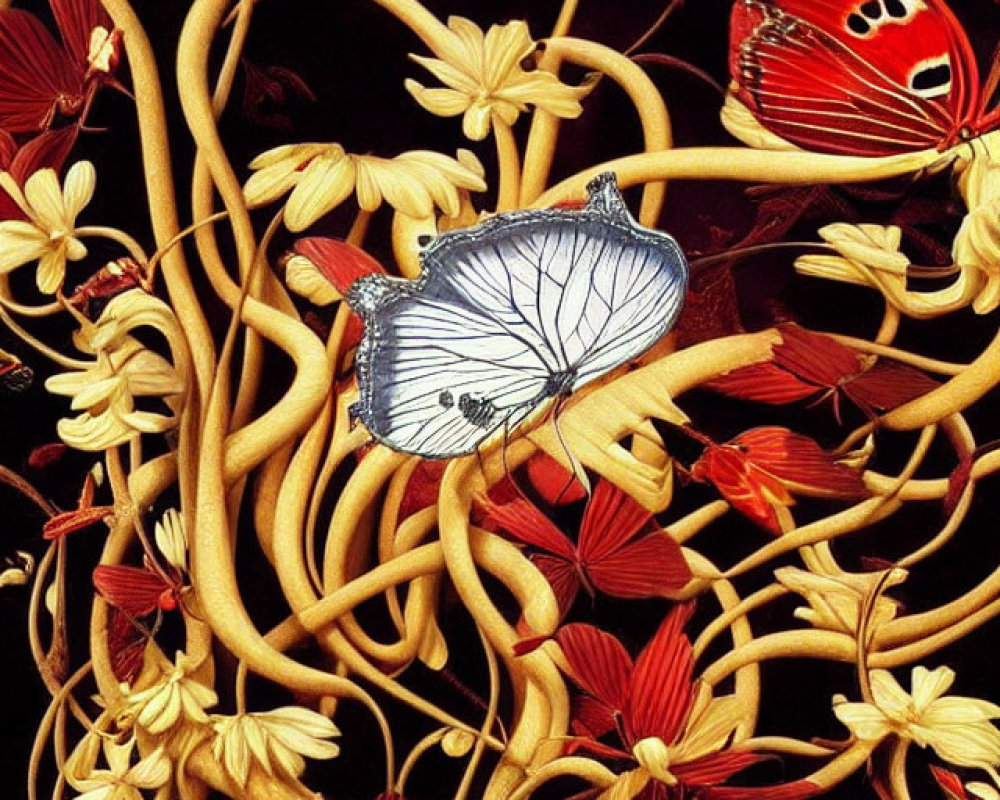 Detailed Artwork: Tangled Vines, Butterflies, and Flowers on Dark Background