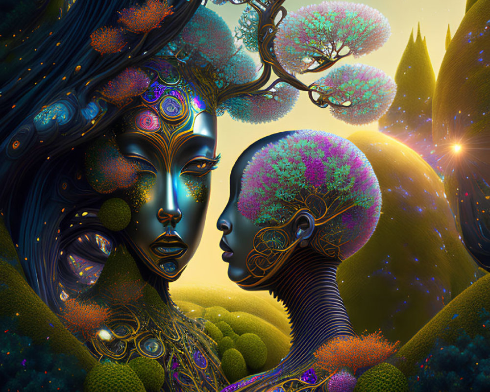 Surreal artwork of entwined figures in vibrant colors against mystical forest.