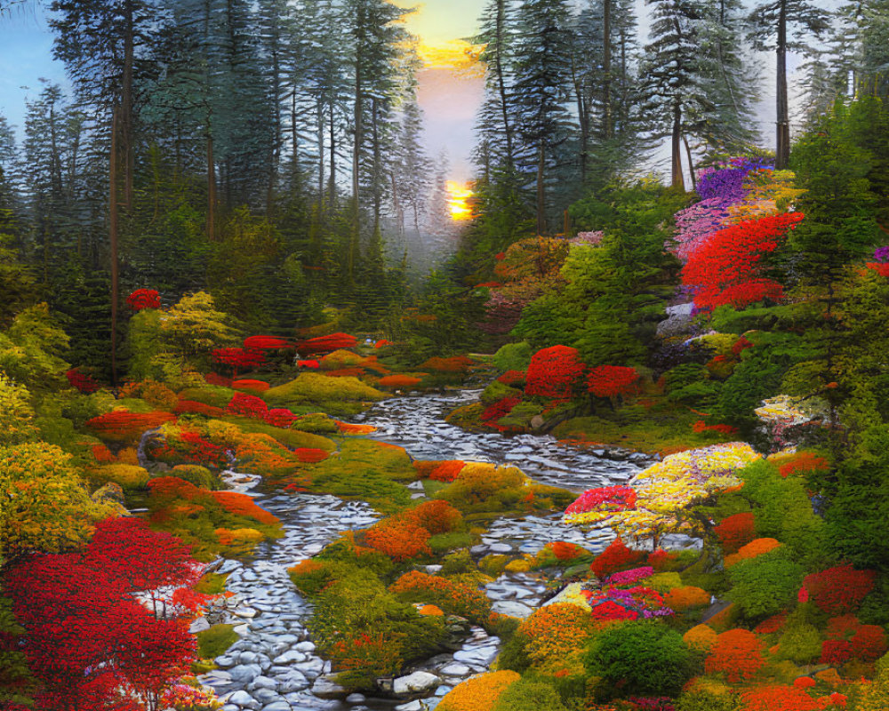 Colorful Garden with River and Sunset Sky