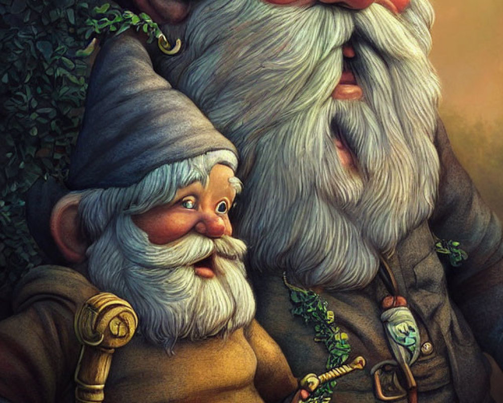 Fantasy illustration of two gnomes with green and red hats and leafy vines