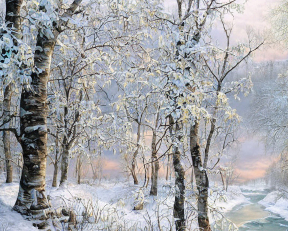 Winter forest scene with snow-covered trees and icy stream at sunrise.