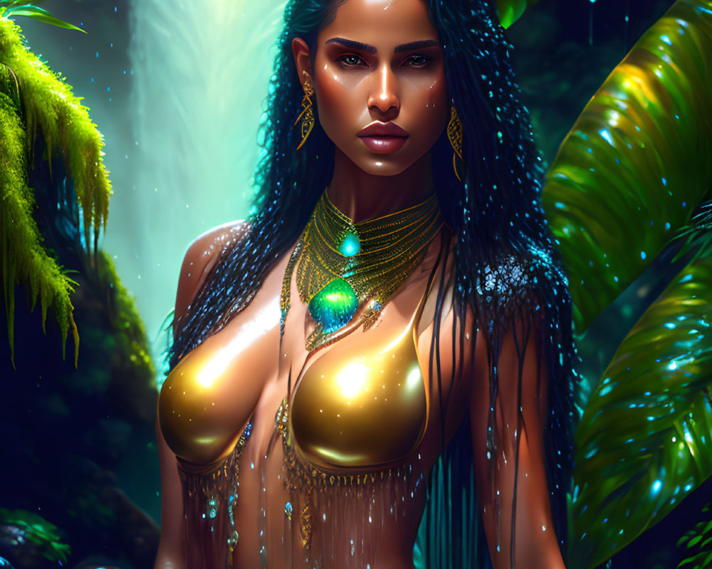 Illustration of woman with blue braided hair in fantasy jungle setting