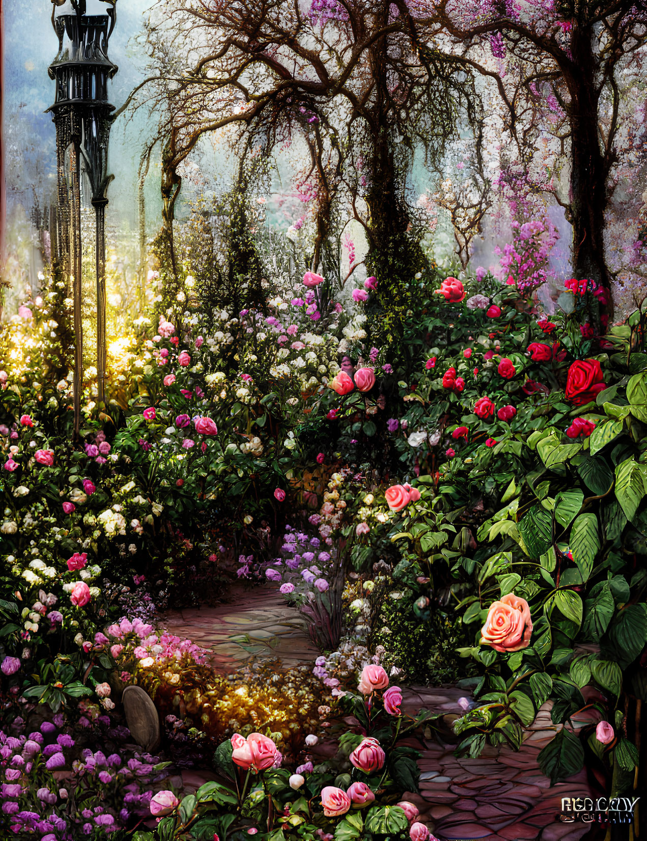 Enchanting garden pathway with vibrant roses and vintage lamp post