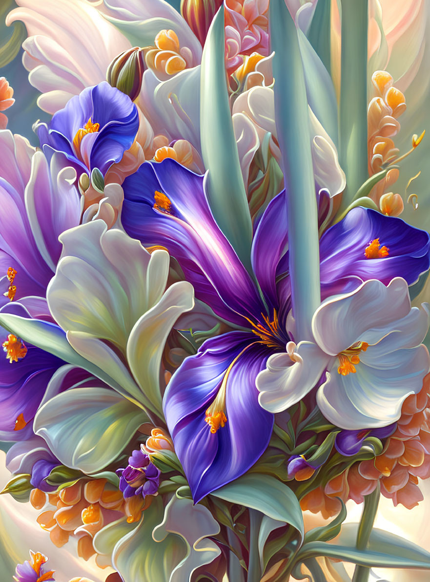 Colorful digital painting of purple flowers with yellow stamens and green leaves.