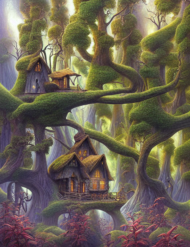 Enchanting forest with whimsical treehouses and twisted trees