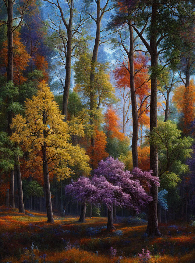 Colorful Autumn Forest Scene with Yellow and Purple Foliage