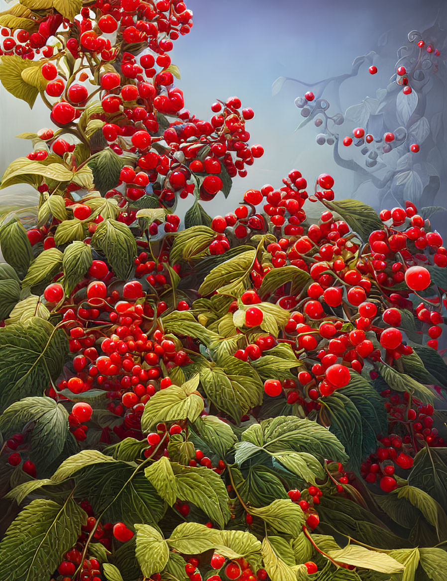 Detailed illustration of vibrant red berries on branches with green leaves against an ethereal background.
