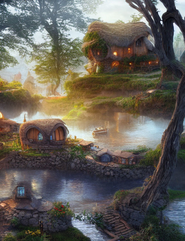 Charming village scene with hobbit-style houses, river, greenery, boat at sunset