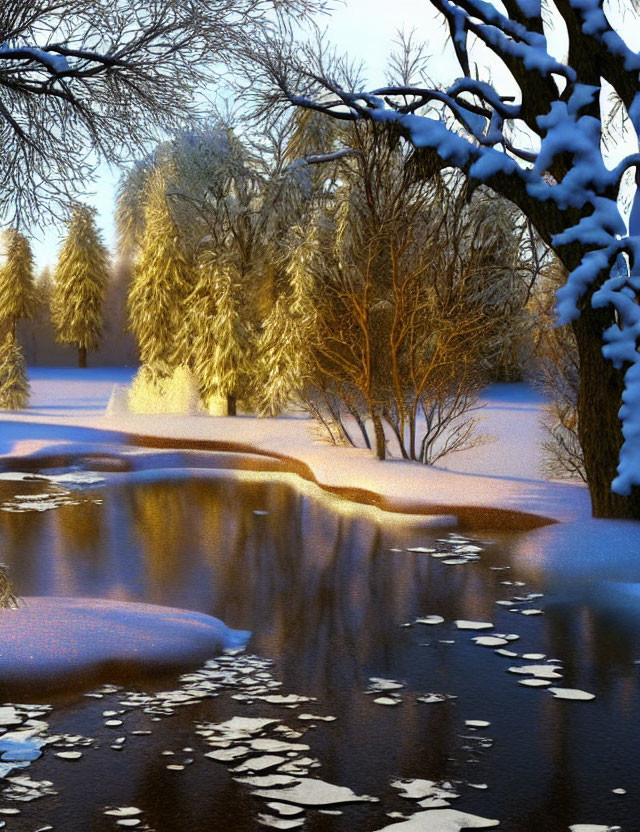 Winter Scene: Snowy Landscape, Frozen River, Golden Sunset Reflections