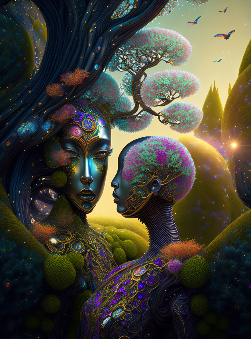 Surreal artwork of entwined figures in vibrant colors against mystical forest.