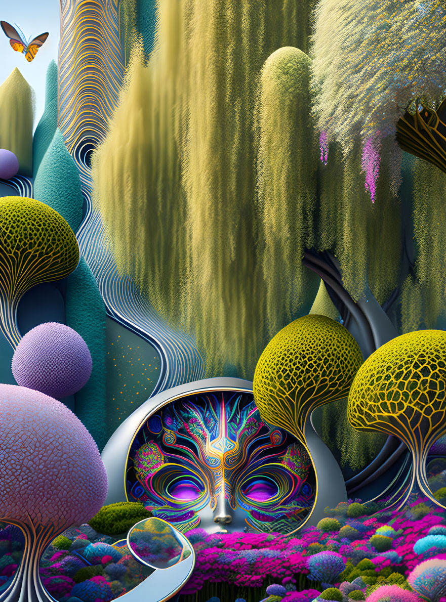 Colorful surreal landscape with mask-like structure and butterfly