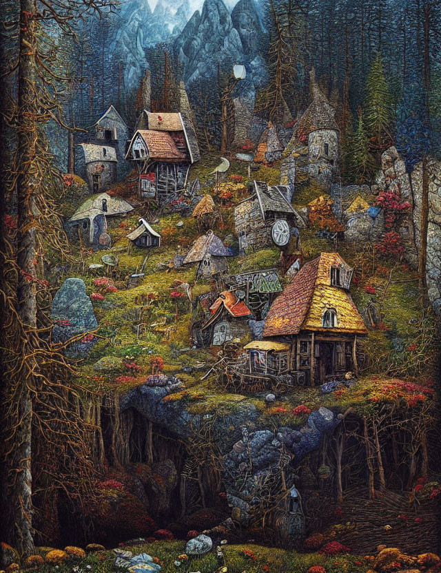 Detailed Forest Village with Rustic Houses & Mystical Ambiance