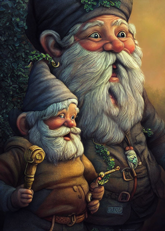 Fantasy illustration of two gnomes with green and red hats and leafy vines