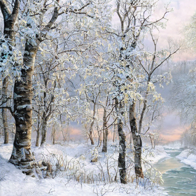 Winter forest scene with snow-covered trees and icy stream at sunrise.