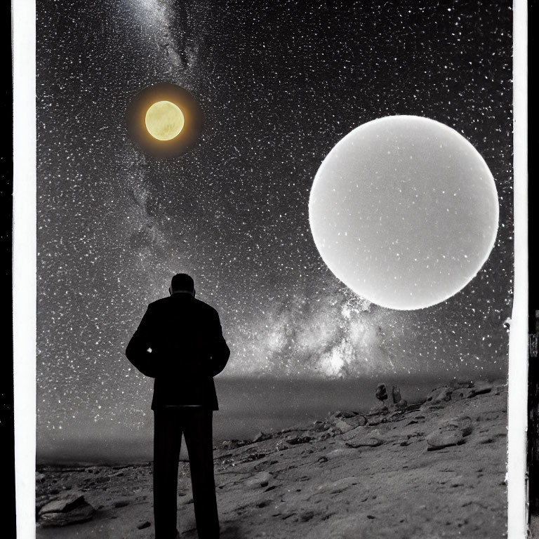 Person standing under surreal night sky with two large celestial bodies against star backdrop