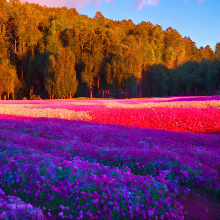 Colorful Flower Field at Sunset with Purple, Red, and Pink Blooms