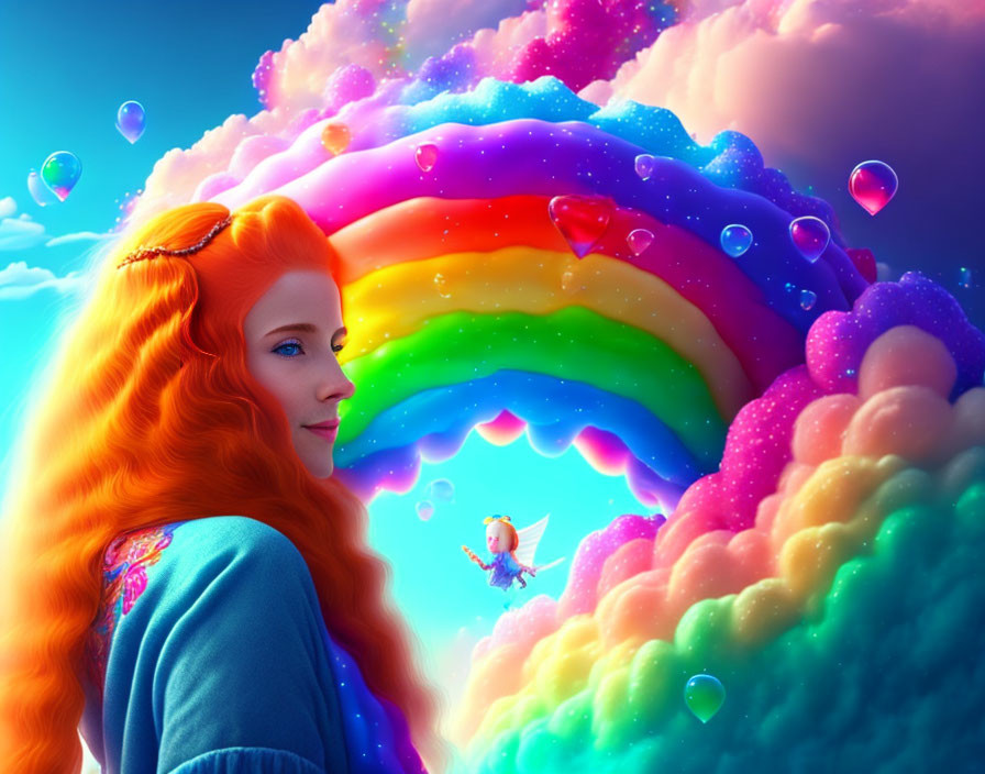 Red-haired woman admires vibrant rainbow in colorful sky.