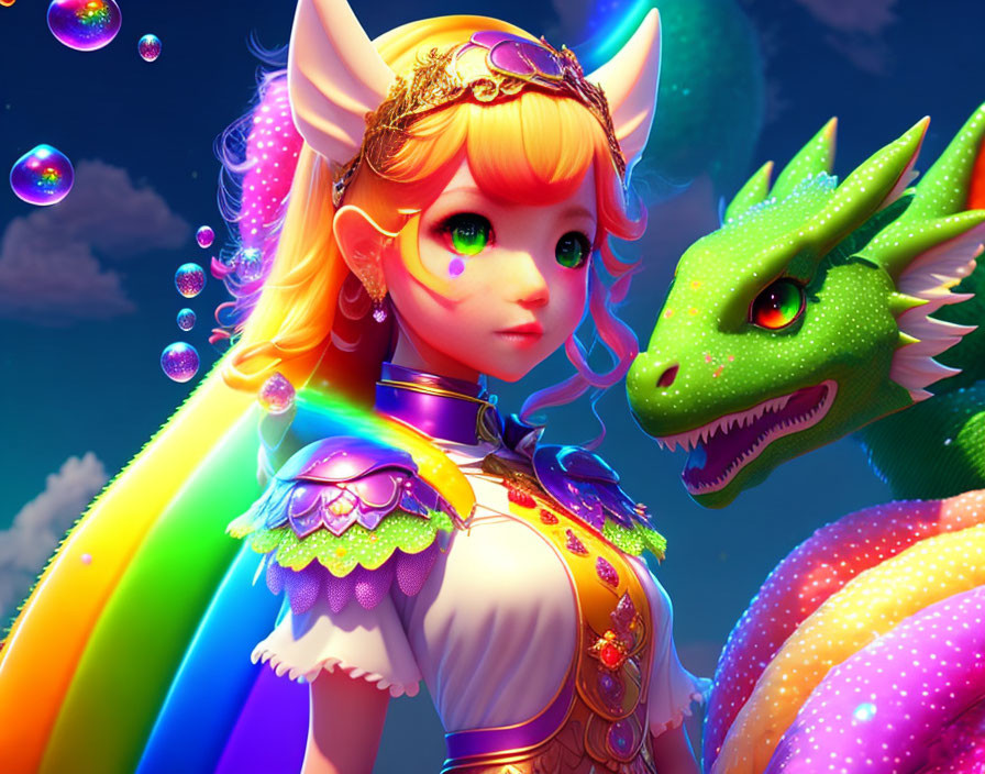 Fantasy illustration: Elf with golden headgear and green dragon in colorful bubbles on blue sky