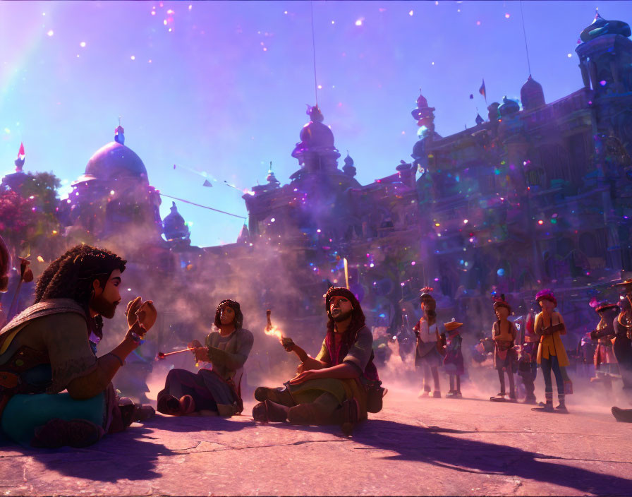 Colorful festive scene with animated characters and ornate buildings.