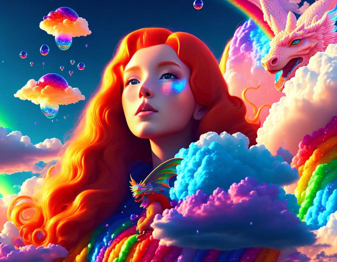 Fantasy scene with red-headed woman, dragon, rainbow clouds, and iridescent bubbles
