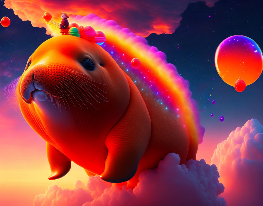 Colorful digital artwork: Giant orange seal flying in purple sky with rainbow trail