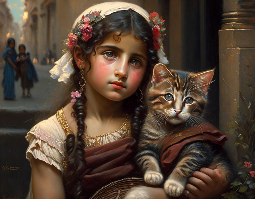 A Gypsy Girl and her Cat in 1890 Rome