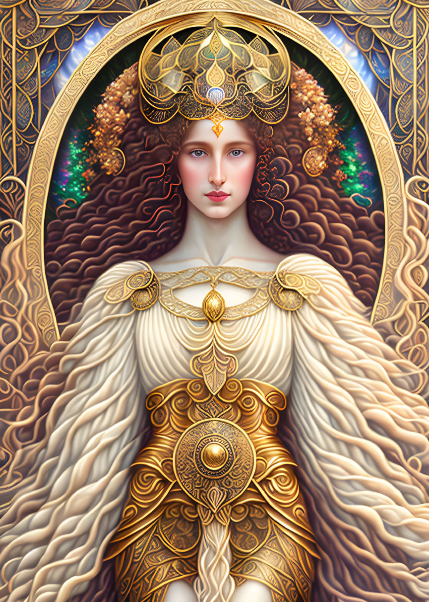 Intricate Golden Headwear Woman Portrait with Celestial Motifs