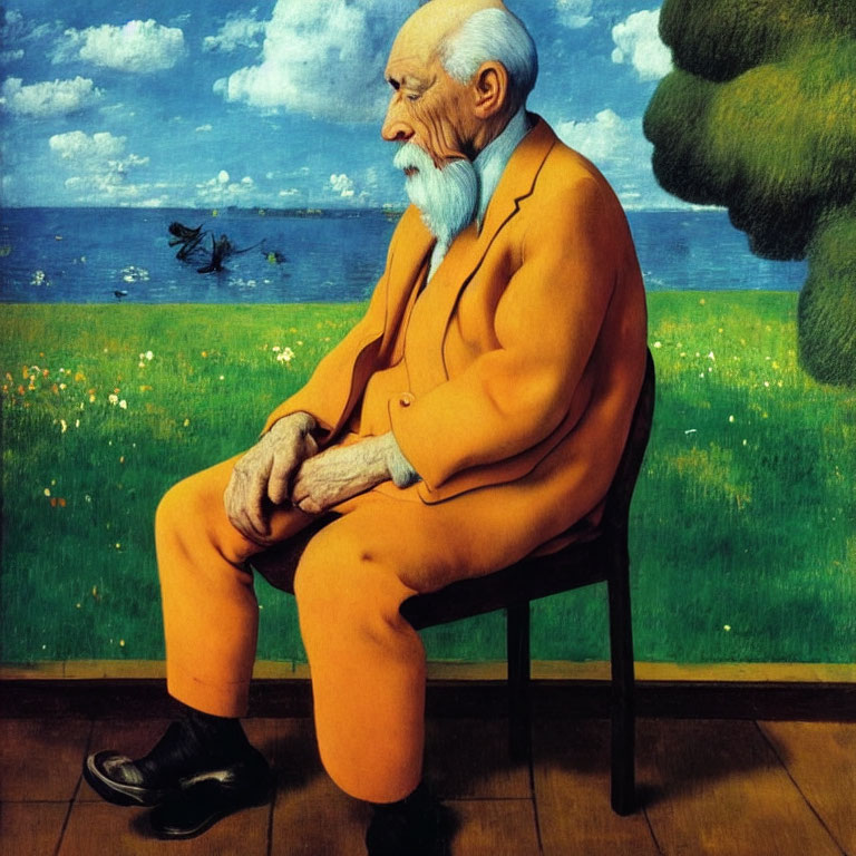Elderly man with white beard sitting in field by the sea