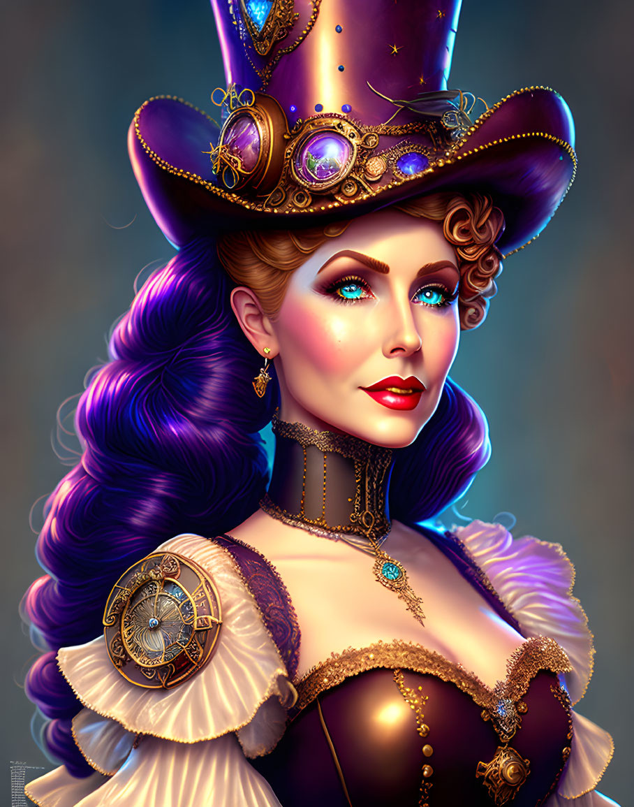 Steampunk style woman in purple Victorian attire with gears and gems