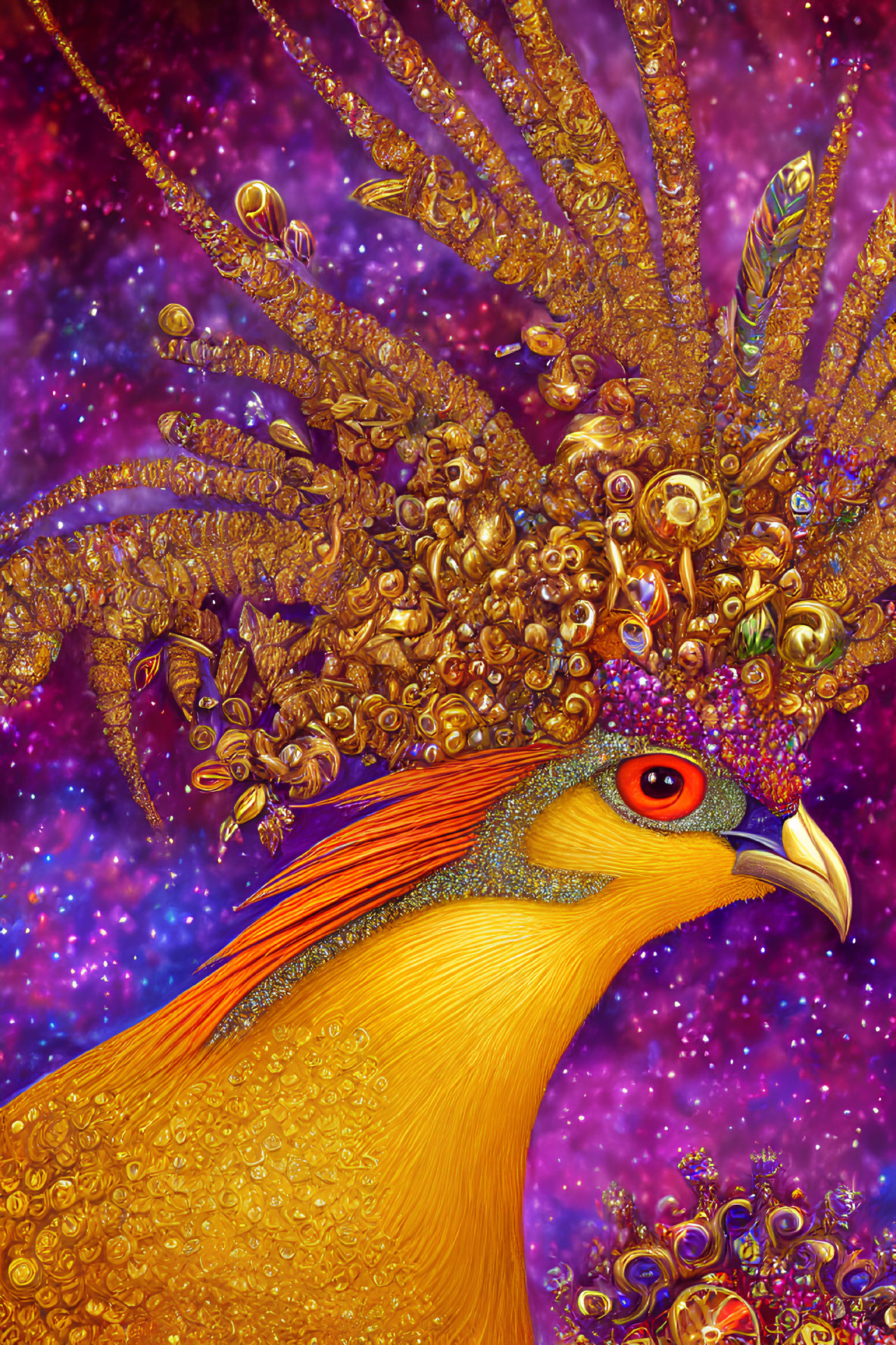 Golden Phoenix with Jewel-Encrusted Headpiece on Cosmic Background