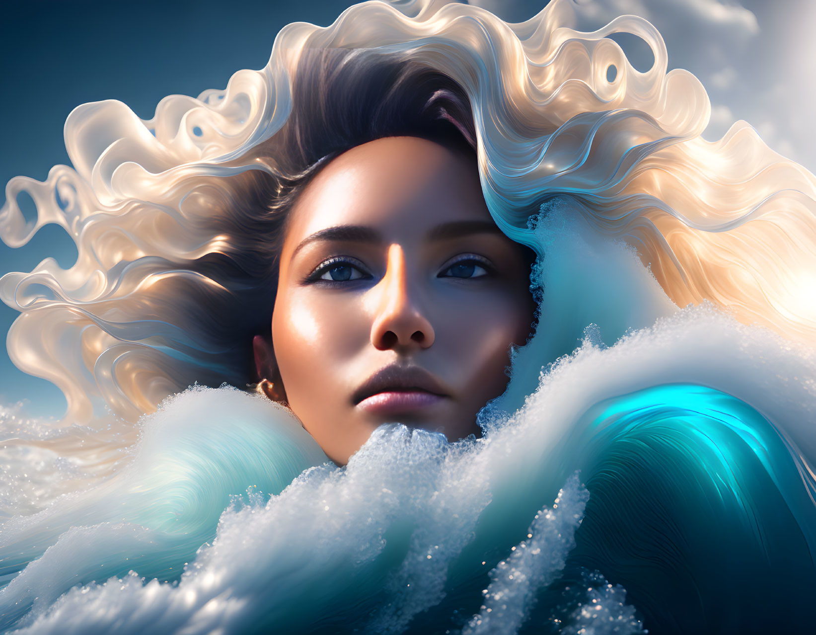Digital artwork: Woman's hair merges with ocean waves under cloudy sky