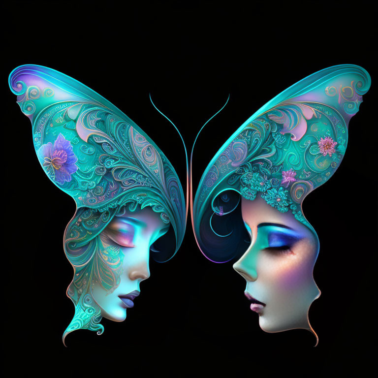 Stylized profiles of women with butterfly wing-shaped hair on dark background