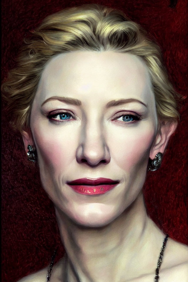 Portrait of a woman with short blond hair and blue eyes on crimson background