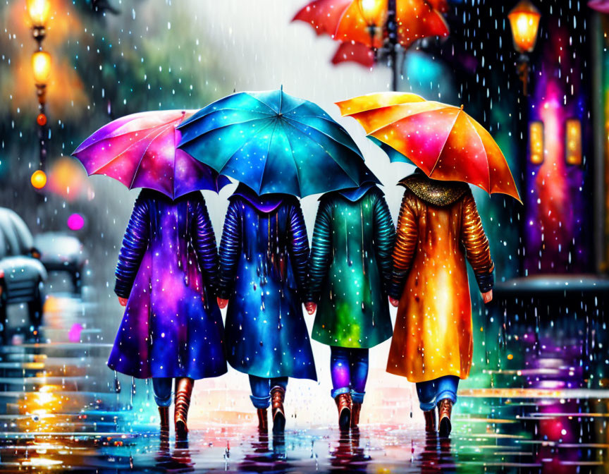 Group of Four People Walking with Colorful Umbrellas on Rainy Street