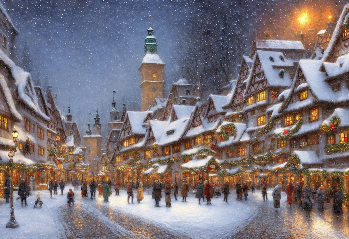 Snow-covered roofs and decorated buildings in a bustling European winter town