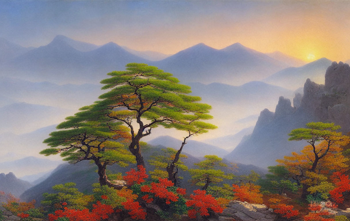 Autumn landscape painting: solitary tree on mountain overlook at sunrise