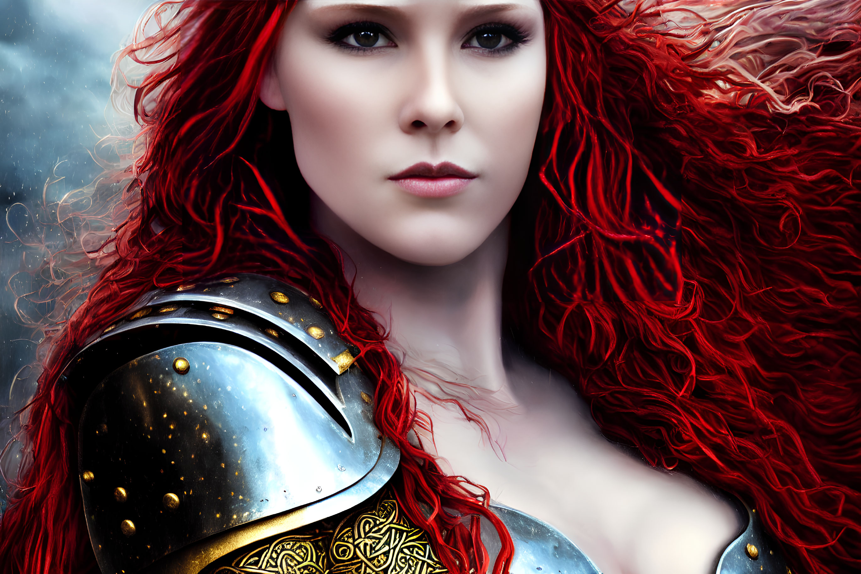 Digital artwork: Woman with red hair in ornate armor on misty background