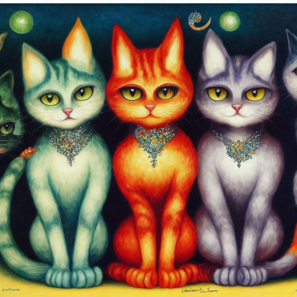 Four colorful anthropomorphic cats with intricate necklaces on dark background