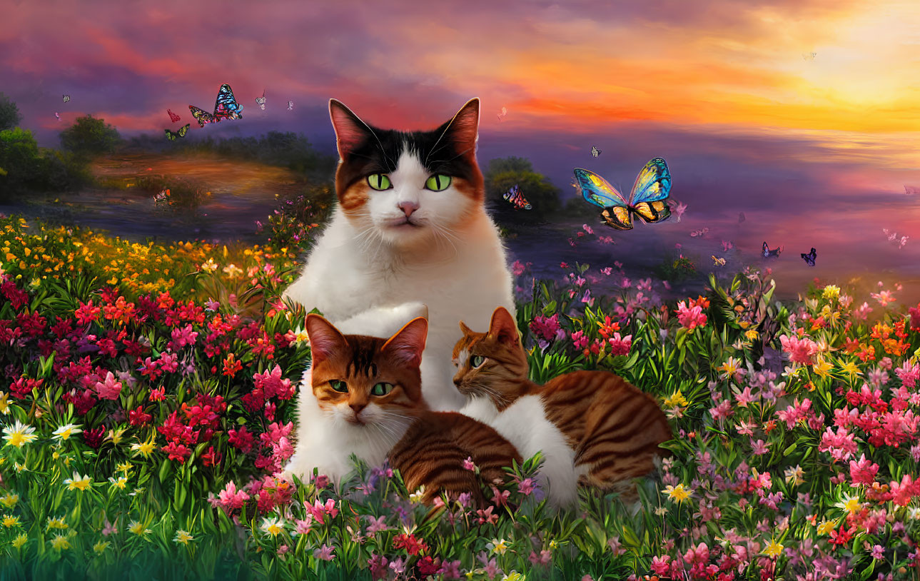 Three cats among vibrant flowers and butterflies under colorful sunset sky