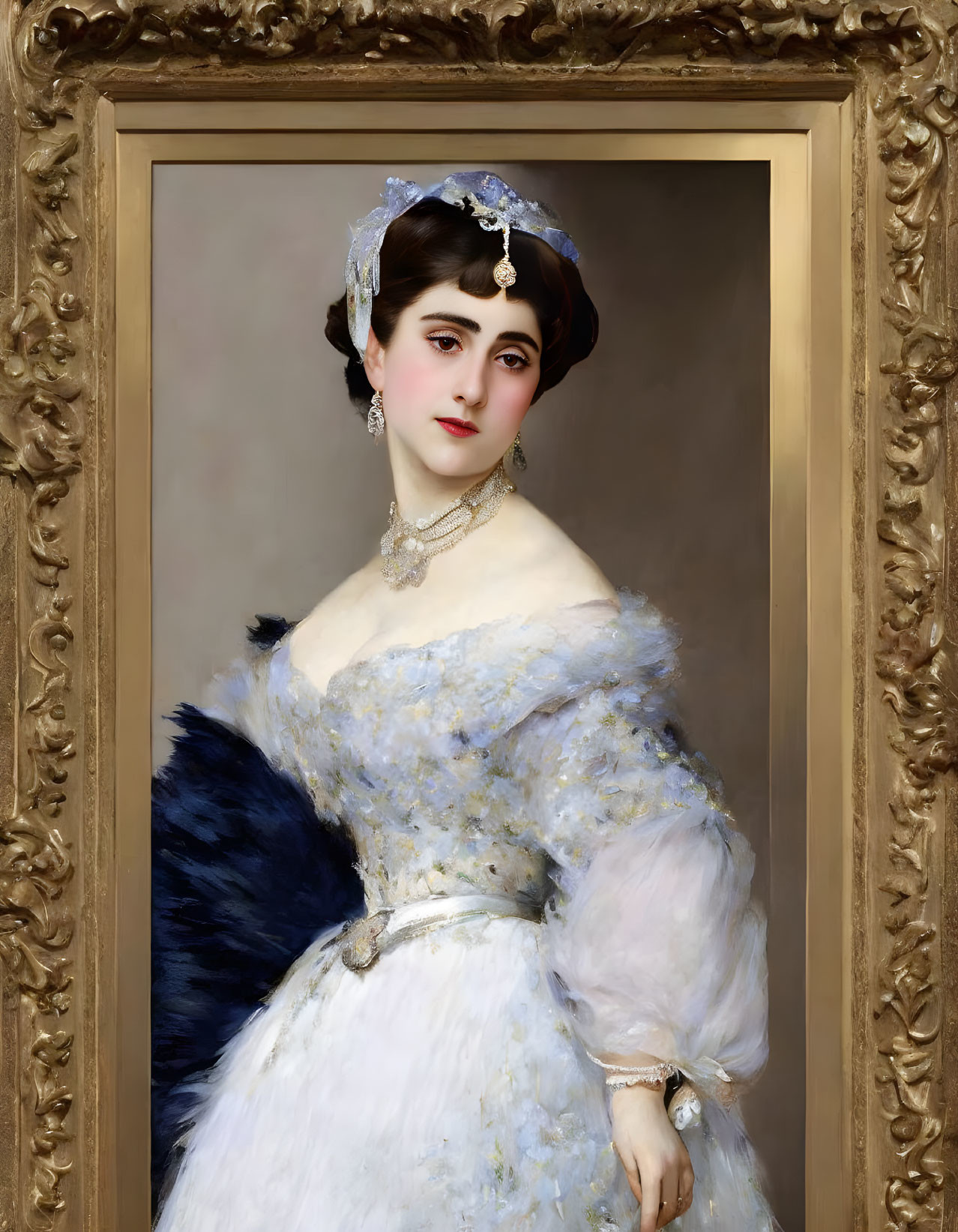 Portrait of Woman in White Dress with Blue Accents and Feathers in Gold Frame