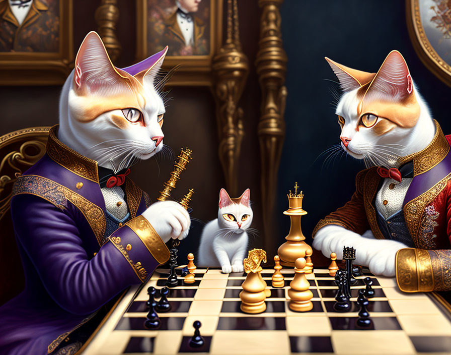 Regal cats playing chess in luxurious setting with kitten observer