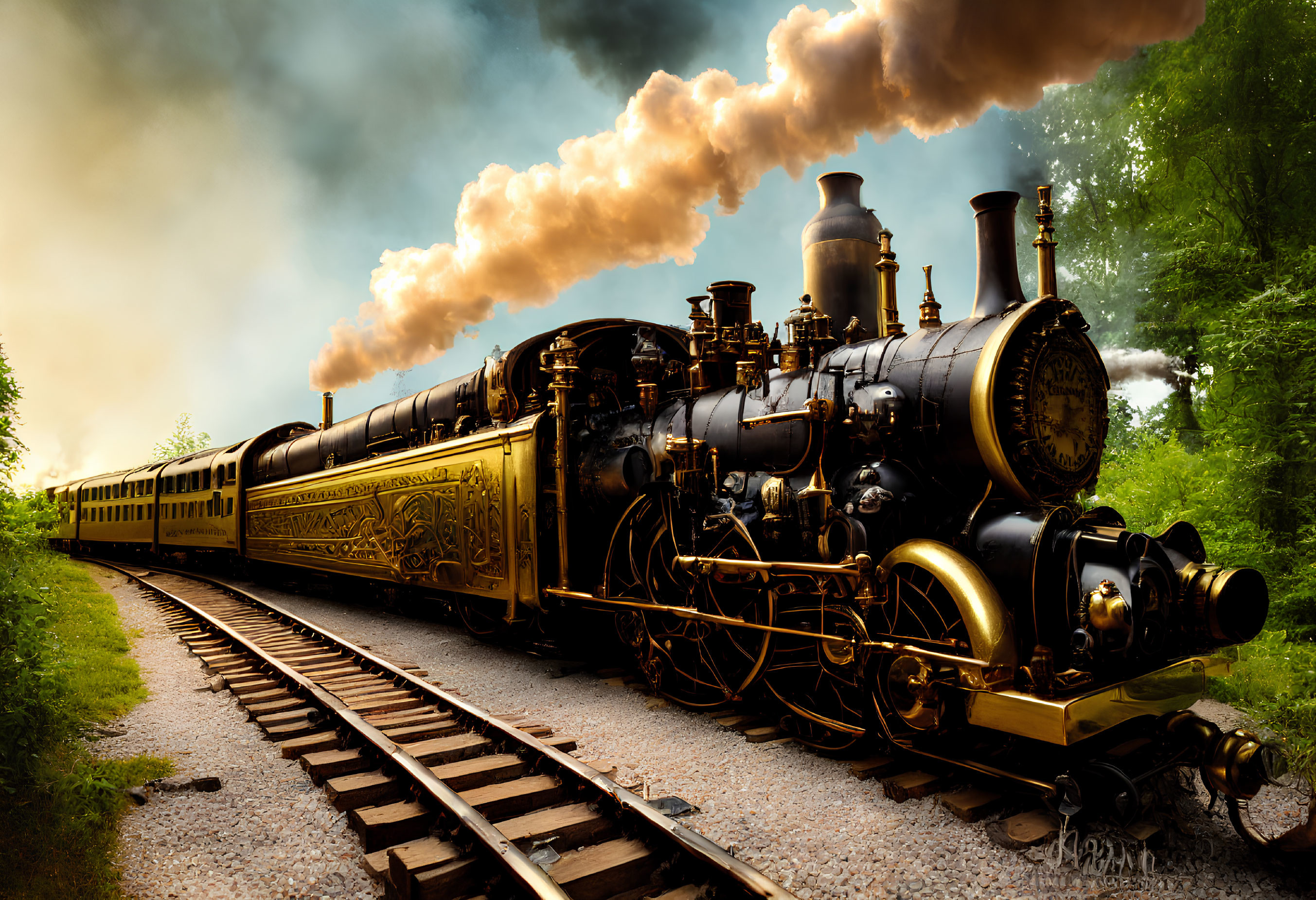 Vintage steam locomotive with golden trim in lush forest scenery