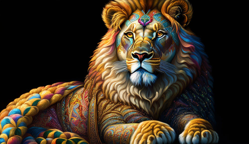Vibrant lion artwork with intricate patterns on black background