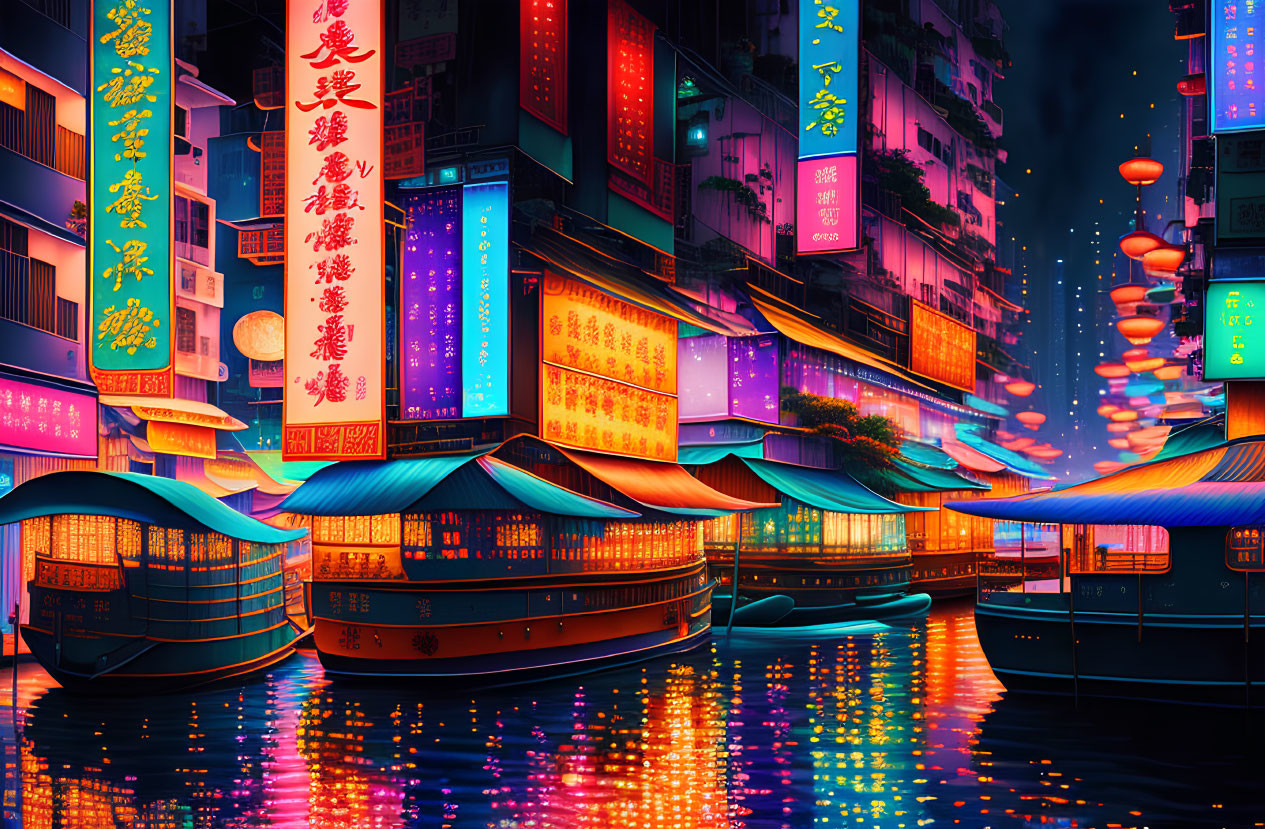 Colorful Asian Riverfront at Night with Traditional Boats