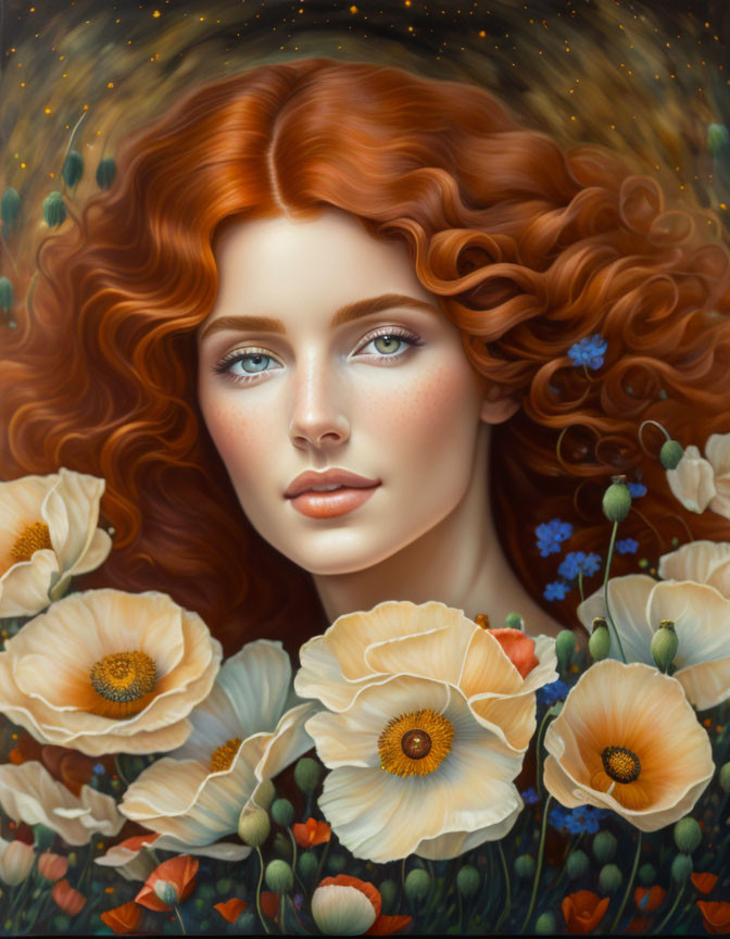 Redhair and Peach Poppies Portrait