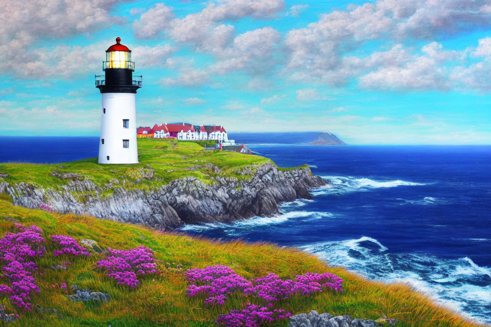 Scenic coastal view with white lighthouse, red roofs, and purple flowers